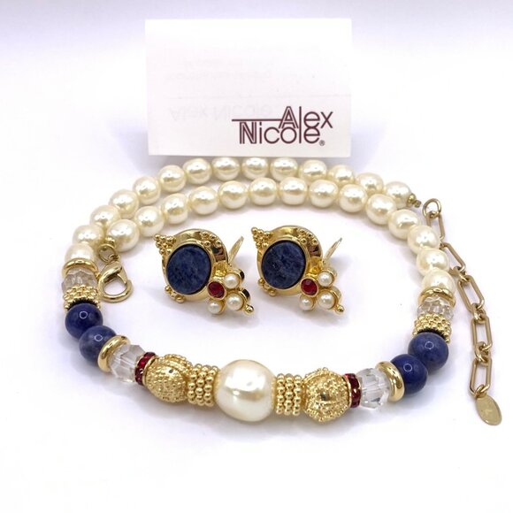 Alex Nicole For 1928 Pearl Lapis Gold Tone Red Necklace Clip On Earrings Set Vtg - Picture 10 of 10